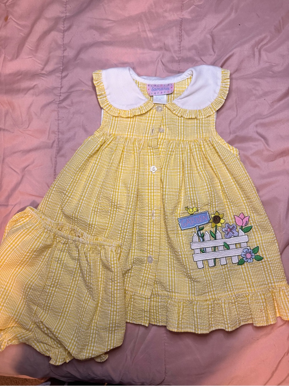 Samara brand Summer Yellow Seersucker Garden Dress with White Peter Pan Collar
